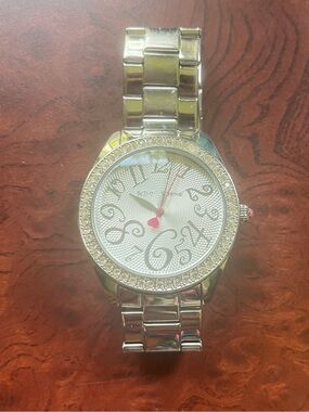 Betsey Johnson Silver Crystal Accent Women's Watch with Heart Seconds Hand